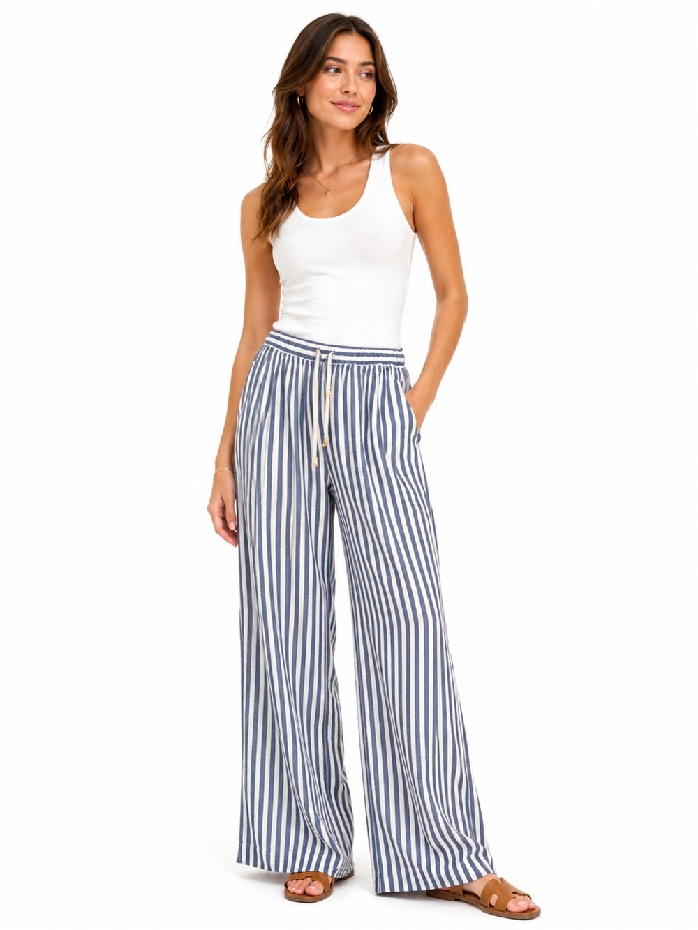 INWEAR Linen blend Striped Blue and White Drawstring Pants NWT size 8